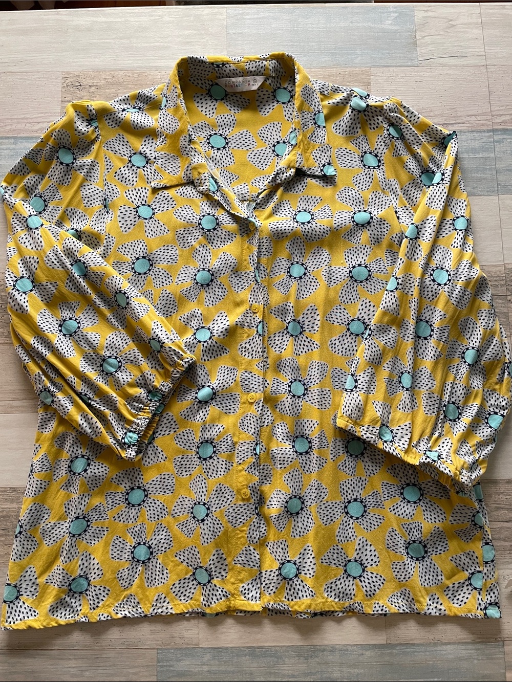 Women’s Yellow Floral Button-Down Shirt with Mint Accents